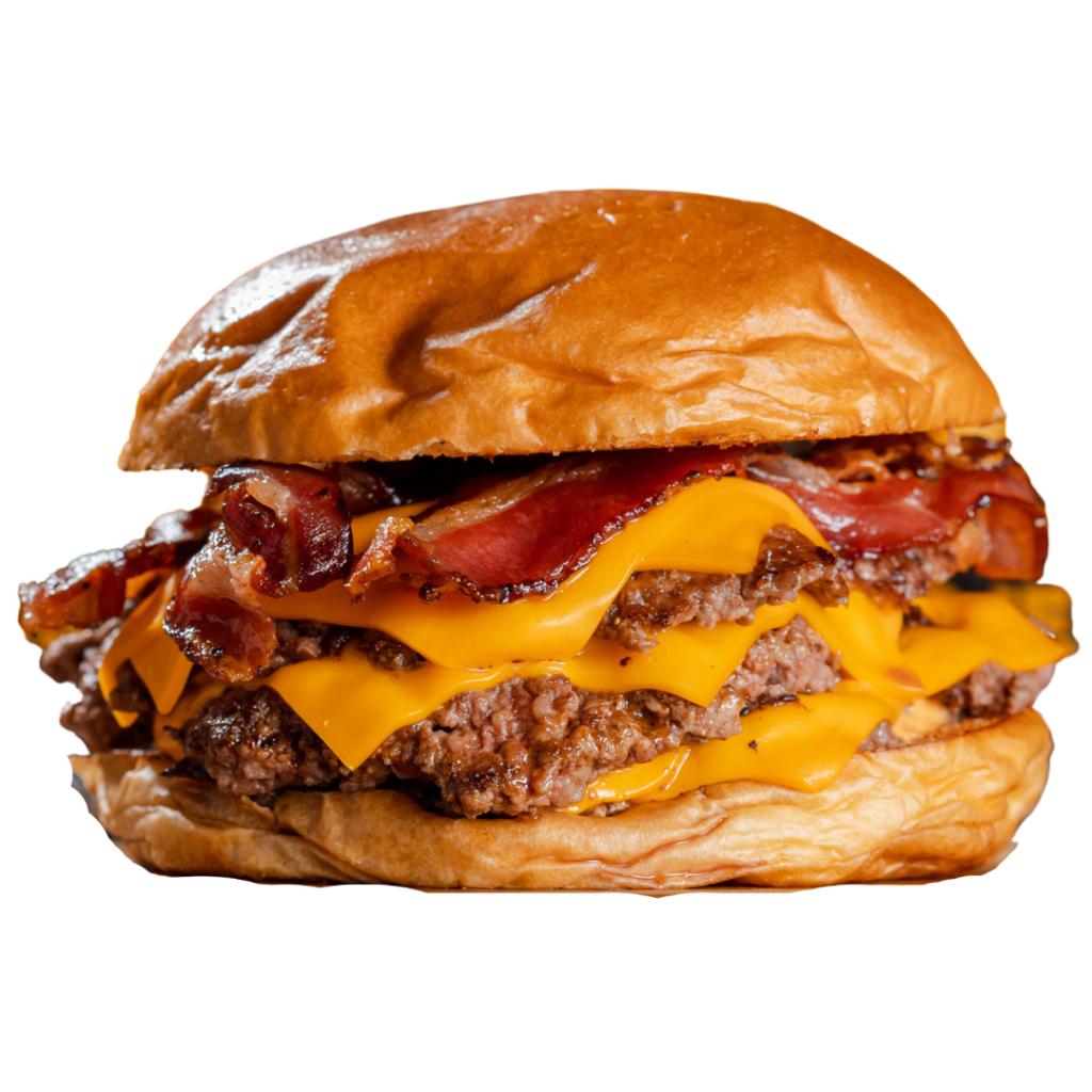 Double - 2 burgers de 150g cada, queijo cheddar, tiras de bacon